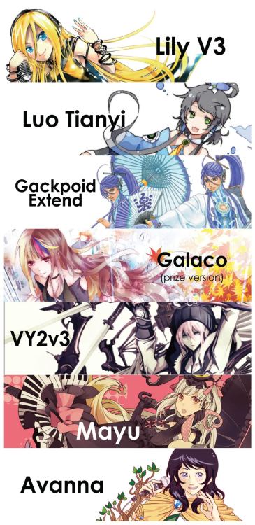 anotherfaller:  EVERY VOCALOID EVER MADE SINCE JANUARY 2004 TO JANUARY 2014.TEN YEARS OF VOCALOID.VOCALOID ENGINE IS PROPERTY OF YAMAHA.VOICEBANKS ARE PROPERTY OF THEIR RESPECTIVE COMPANYALL PICTURE RIGHTS TO EACH ILLUSTRATOR 