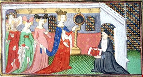 Durand of Champagne presenting the book Speculum dominarum (Le Miroir des Dames) to Joan I of Navarr