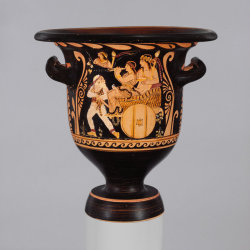 fishstickmonkey:  A vividly painted bell krater depicting Dionysus, the god of wine, fertility, and creative ecstasy, riding in a cart pulled by a satyr that the Metropolitan Museum of Art turned in to the district attorney’s office in Manhattan after