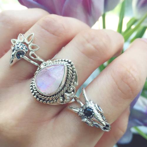 Pink Moonstone & Skulls Shop these sterling silver rings at www.emptycasket.co.uk✨ #emptycasket 