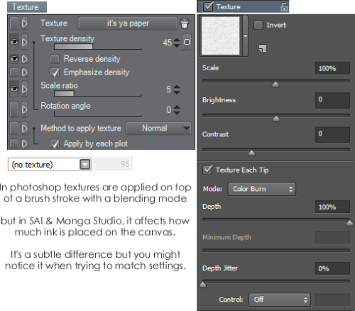 helpfulharrie:  Not directly, but Manga Studio has equivalent settings for both SAI & Photoshop, so most brush settings can be replicated in Manga Studio and vice versa!My suggestion would be to write out your settings then replicate them.For example,