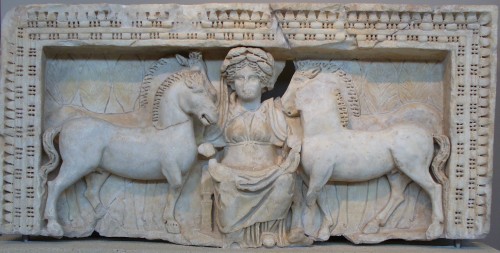Pictured is a Roman relief of one of their goddesses, found in Greece. But this goddess has a backst