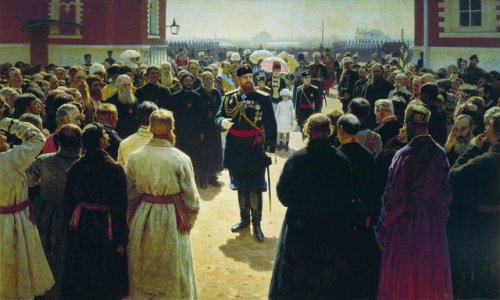 Ilya Repin. Alexander III receiving rural district elders in the yard of Petrovsky Palace in Moscow.