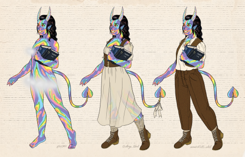 nerdiestlittleartist:More rainbow tiefling! [Image description: Three digital drawings of the same r