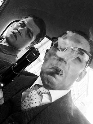 dailytomhardy:  Tom behind the scenes of ‘Legend’ with co-star Taron Egerton,