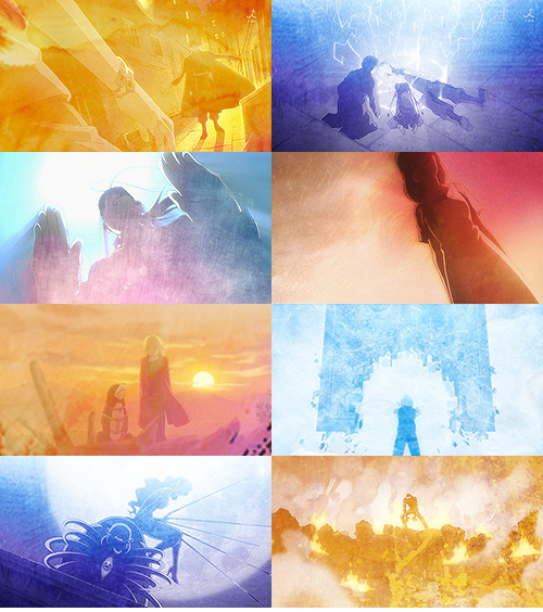 the-writers-ramblings:  Fullmetal Alchemist: Brotherhood  ↳ colours abound + silhouettes