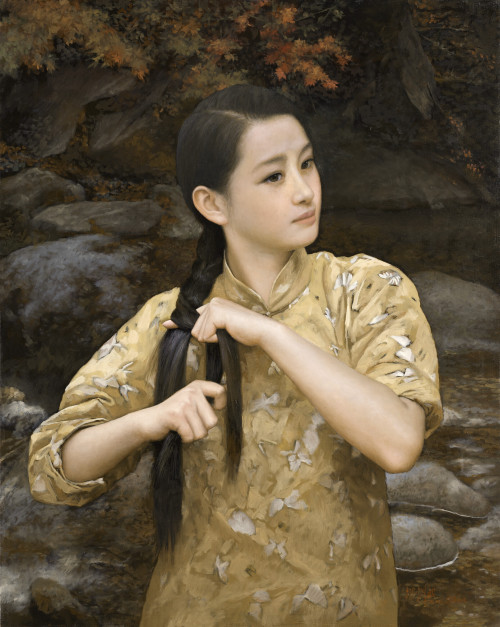 Shen Hanwu (b.1950) - Girl braiding her hairOil on canvas. 30 x 24 inches, 76.2 x 61 cm.Estimate: HK