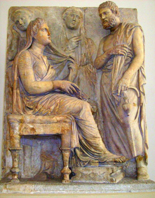 Athenian funerary relief of a couple. Artist unknown; ca. 330-320 BCE. Now in the Pergamon Museum, B