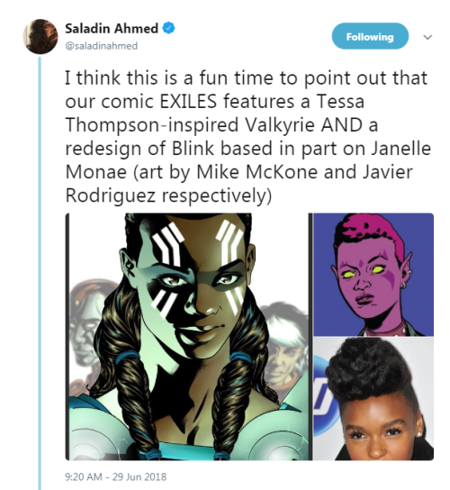 “I think this is a fun time to point out that our comic EXILES features a Tessa Thompson-inspired Va
