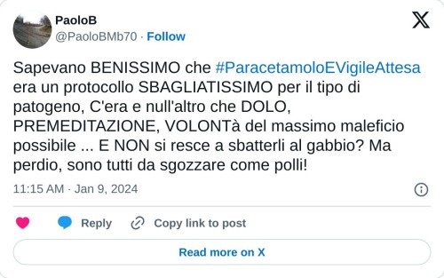 Sapevano BENISSIMO che #ParacetamoloEVigileAttesa era un protocollo SBAGLIATISSIMO per il tipo di patogeno, C'era e null'altro che DOLO, PREMEDITAZIONE, VOLONTà del massimo maleficio possibile ... E NON si resce a sbatterli al gabbio? Ma perdio, sono tutti da sgozzare come polli!  — PaoloB (@PaoloBMb70) January 9, 2024