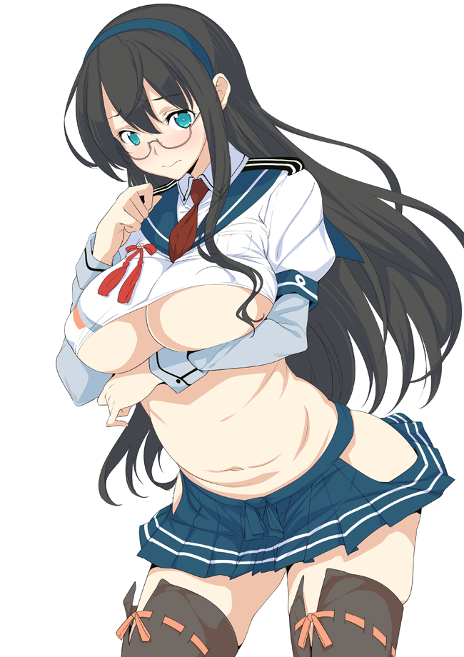 kantai collection、ninmu musume、oona mitsutoshi、navel、skirt、breast hold、hairband、thighhighs、white