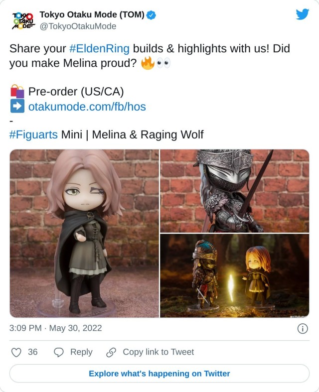 Share your #EldenRing builds & highlights with us! Did you make Melina proud? ️ Pre-order (US/CA) ➡️ https://t.co/TUqpthOYYK -#Figuarts Mini | Melina & Raging Wolf pic.twitter.com/8xDXkfFlXq — Tokyo Otaku Mode (TOM) (@TokyoOtakuMode) May 30, 2022