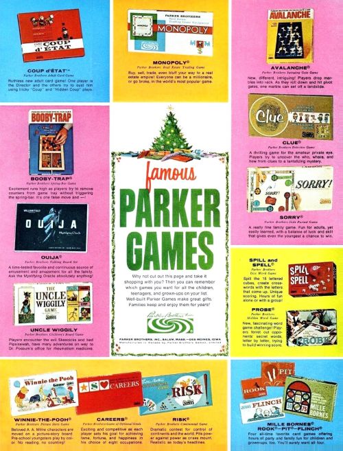 goshyesvintageads:Parker Brothers Inc, 1967 Publicidad de juegos de mesa Parker Brothers, 1967.
