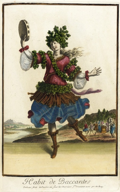 Illustration of theatrical costumes worn by courtiers for court ballets from &ldquo;Recueil des mode