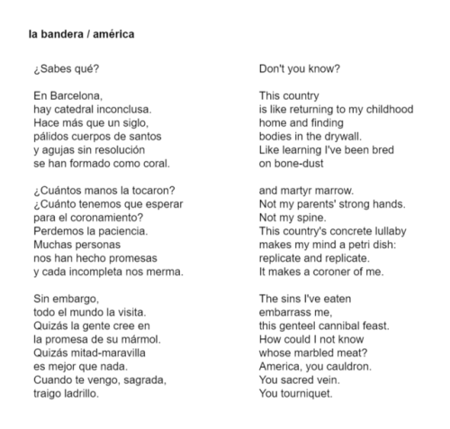 ecc-poetry:la bandera / américaelisa chavez¿Sabes qué?En Barcelona, hay catedral inconclusa.Hace más