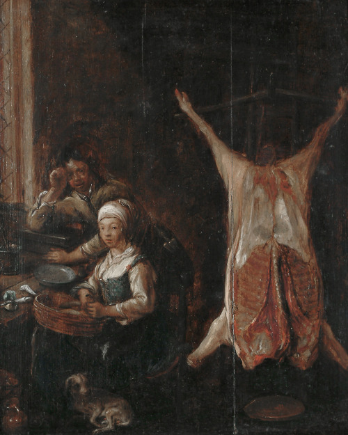 Jan Miense Molenaer (circle of) - Kitchen interior with a slaughtered pig.