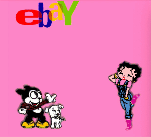GIF that says eBay Loves Boop Register Now!! It's Free Click Here with a button for eBay. Bimbo and Pudgy are in the bottom left corner and Betty is in the right