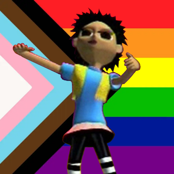 Rita from the song "Was ist dein Lieblingsfach" in front of the progress pride flag. 