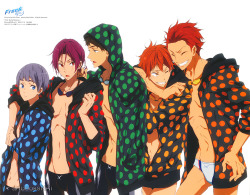 artbooksnat:  The new Free! Eternal Summer Samezuka poster in Spoon 2Di Magazine (Amazon Japan) by Akiko Takase paid homage to an earlier magazine illustration by key animator Nami Iwasaki (岩崎菜美) that featured the original guys dressed in a