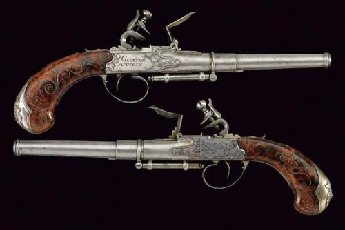 A pair of breechloading flintlock pistols crafted by Gallian of Turin, Italy, circa 1780.from Czerny