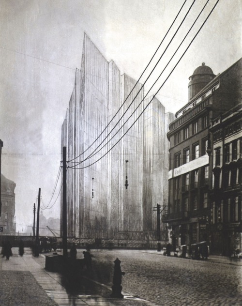 Mies van der Rohe, photomontage of Skyscraper project Friedrichstrasse,  1921-22, Berlin. Via metrop