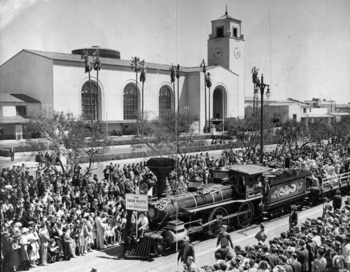 A huge crowd turns out to celebrate the opening of Union Station, Los Angeles, May 4, 1939.
“Stirring awake memories that had slumbered for more than a century, railroad officials yesterday staged a colorful pageant of transportation that thrilled...