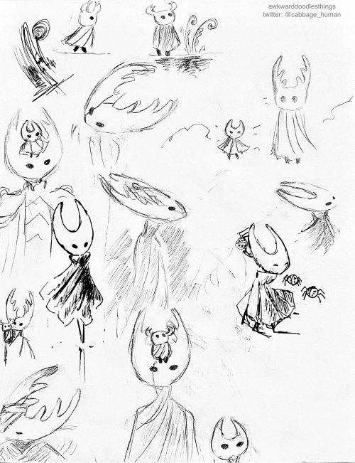 [Image Description: Pencil And Pen Drawings Of Ghost, Hornet, And The Hollow Knight From Hollow Knight.