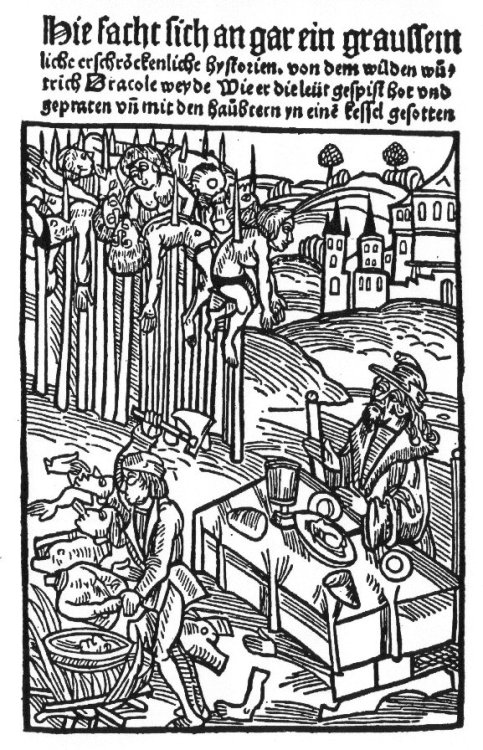 blackpaint20:  wondrousbutstrange:  Vlad Tepes.  Vlad III overseeing an impalements while eating dinner in a woodblock image. 