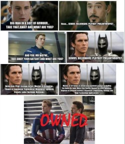 daily-superheroes:  Batman vs Iron man.http://daily-superheroes.tumblr.com/  Lol