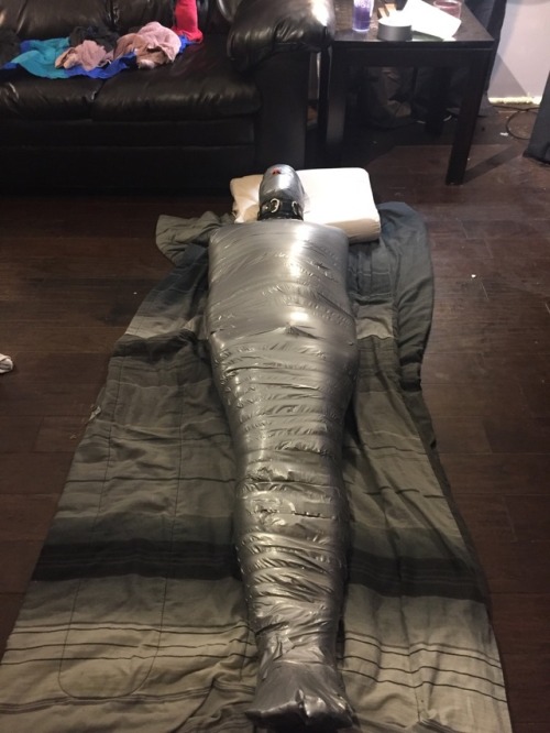 sir-erik:  pupcolter: Well, of course I wanted to be mummified! And of course @jramos007 was happy to oblige. I wish that bulge you could see was just my dick, but there was also a chastity cage over it that I was straining against for that entire time.