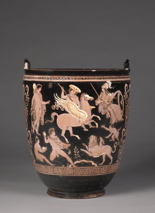 via-appia: Apulian Situla: Bellerophon riding Pegasus battling the Chimera, while Hermes and Athena 