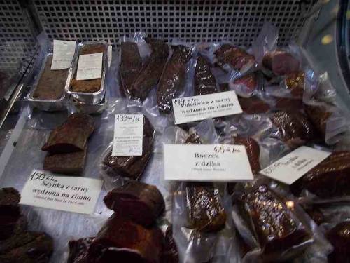 Meat / food products made of wild forest animals offered for sale during Christmas market in the cit