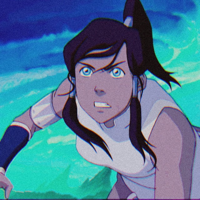 icon of korra from the legend of korra. she is in her regular outfit in the spirit world. she holds herself up with her left arm and looks out past the viewer with a serious expression. 