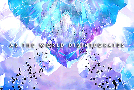 Black and white beads of valor and caenum spill out of the arca, a massive crystalline structure, with the lyrics: AS THE WORLD DISINTEGRATES. Artwork by Julie Dillon.