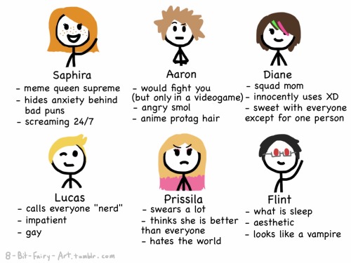 8-bit-fairy-art:tag yourself, I’m Diane(joining in on the meme, featuring my oc’s!!)