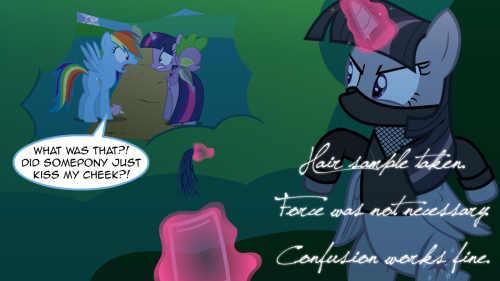 Twilight: I don’t know, Dash. I didn’t see anypony. Rainbow: We gotta get outta here! ((