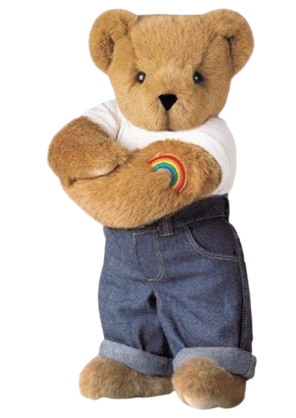 an image of a teddy bear with its arm crossed, wearing a white t-shirt and blue jeans, with a rainbow tattoo on its left bicep.