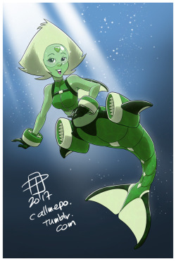 callmepo:  Wanted to draw an image for Mer-May and I chose Peridot because of her love of  enhancers and how she would probably make something to help her keep up with Lapis in the ocean.  Also wanted to fool around with water effects and when I looked