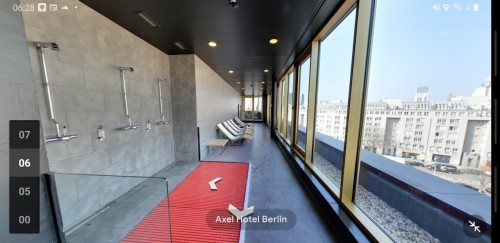 Spa showers at the Axel Hotel Berlin. What a view for a (clothing optional, men only) shower :-)