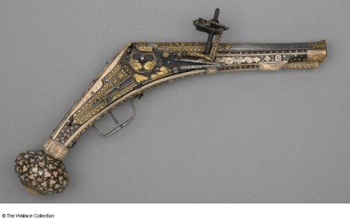 Gold, silver, and antler decorated wheel-lock pistol originating from Germany, circa 1670.Currently 