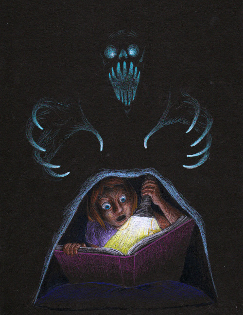 tittyvampire:Things That Go Bump…8.5x11”, colored pencil on black paper(first illustrat