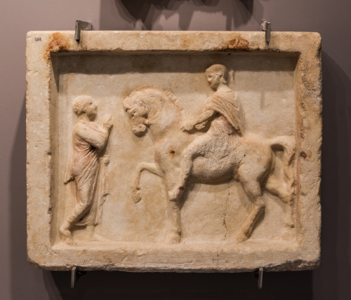 lionofchaeronea:Plaque (marble with traces of paint) showing a horseman and a man on foot conversing