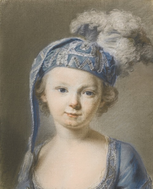 Portrait of an aristocratic child, wearing an ornate headdress trimmed with silver and ostrich feath