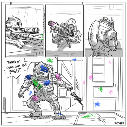 skyllianhamster:  “Whoever gets the most shots in before Grunt loses his temper shall be declared the winner.” Thane - Legion - Garrus sniper fight, requested by @soulcatcher12. Thank you ^^ 