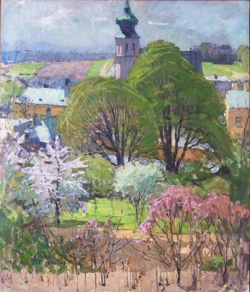 Cherry Blossoms in Grinzing    -   Carl MollAustrian, 1861-1945Oil on panel,