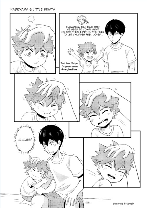 awen-ng:  I have been wanting to draw this after drawing the kid and adult of them! This is a 1 pg scenario where it shows their reactions after the kid got patted on their head. xD ( Read from Right to Left)
