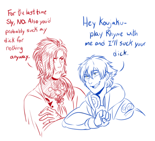 madelezabeth:  Based on beniseragaki’s Bluejaku headcanons where Sly Blue interjects into koujaku and aoba’s life at random intervals just to fuck shit up. Bless you Sly lol.