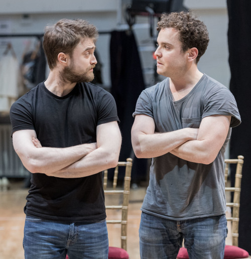 Daniel Radcliffe rehearses with Joshua McGuire for Rosencrantz and Guildernstern are Dead. [Pho