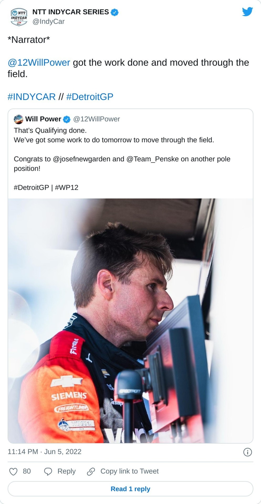 *Narrator*@12WillPower got the work done and moved through the field.#INDYCAR // #DetroitGP https://t.co/TM8ZvCQtrE  — NTT INDYCAR SERIES (@IndyCar) June 5, 2022