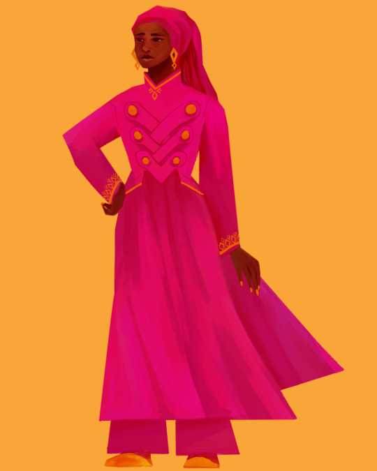An illustration of a dark skinned woman in a magenta pantsuit with a button up lapel of gold buttons, she also has a magenta head covering to match.